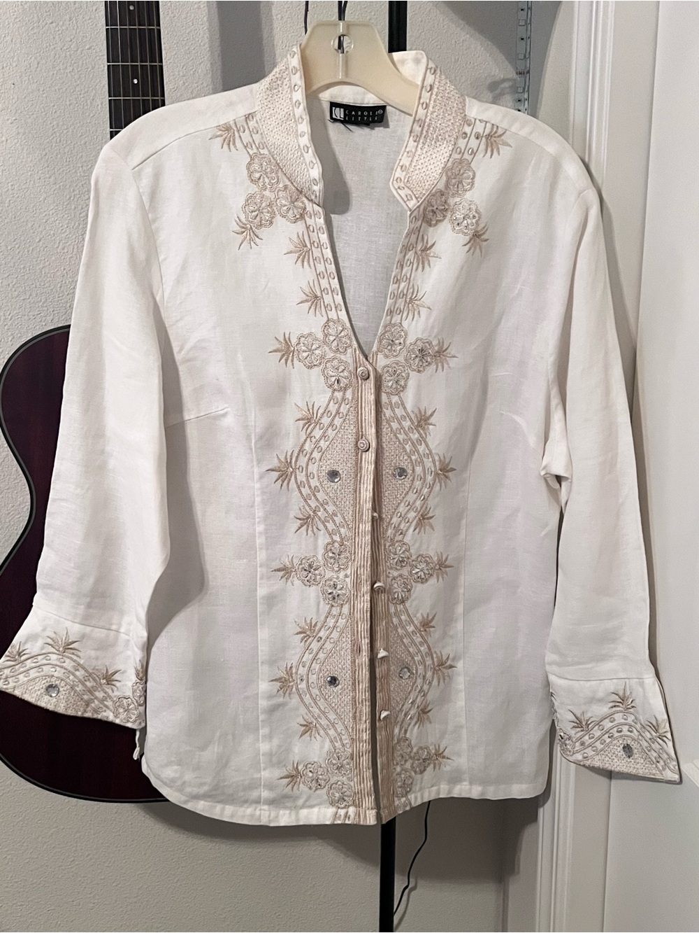 Carol Little Embroidered Mandarin-Collar Shirt - Off-White w/ Gold & Beads